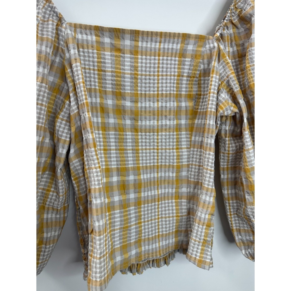 Maeve Anthropologie Gingham Plaid Smocked Puff Sleeve Ruffle Top XS Square Neck - Picture 9 of 13